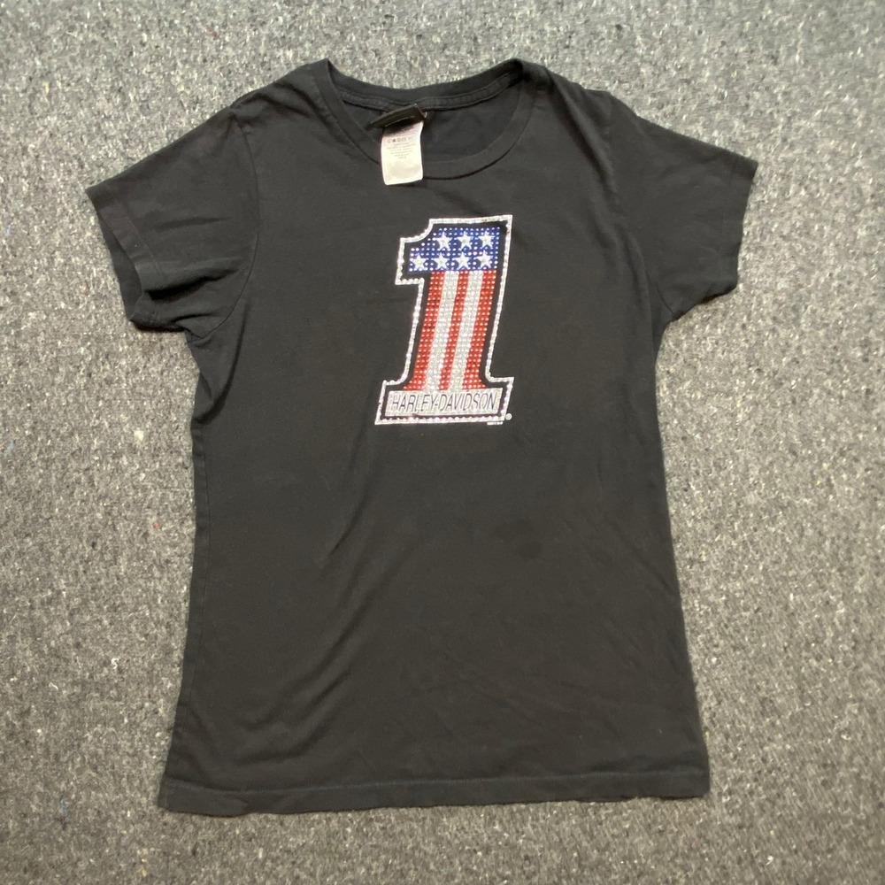 Harley-Davidson Biker Womens M Black‎ Rhinestone Flag Pikes Peak Graphic T-Shirt
